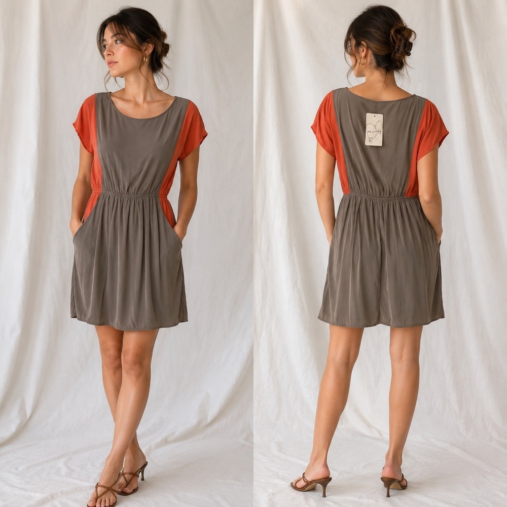 One Clothing Women Colorblock Mini Dress Taupe Coral Short Sleeve Lg UR1591-WQ83